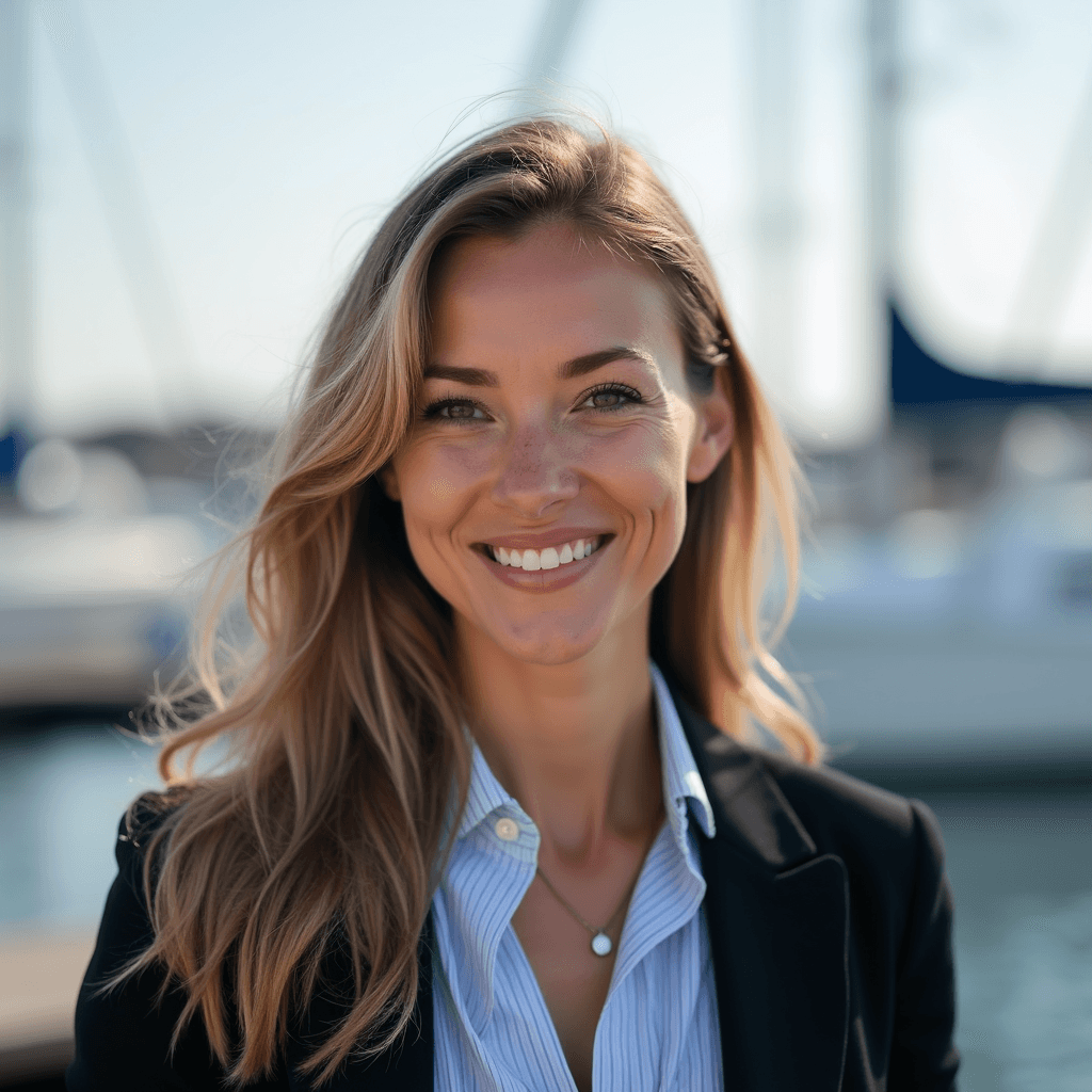 Professional AI headshot with marina with boats and waterfront atmosphere background