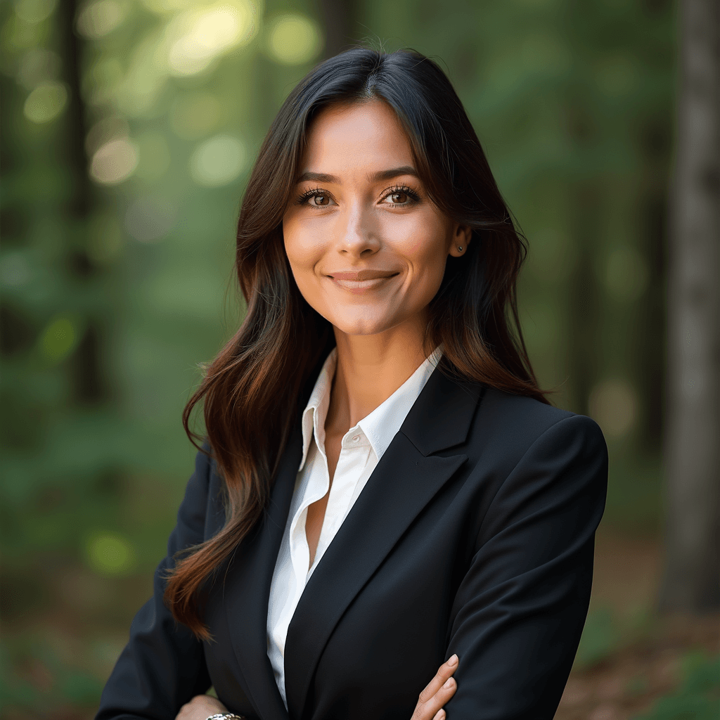 Professional AI headshot with pine home with evergreen forest backdrop background