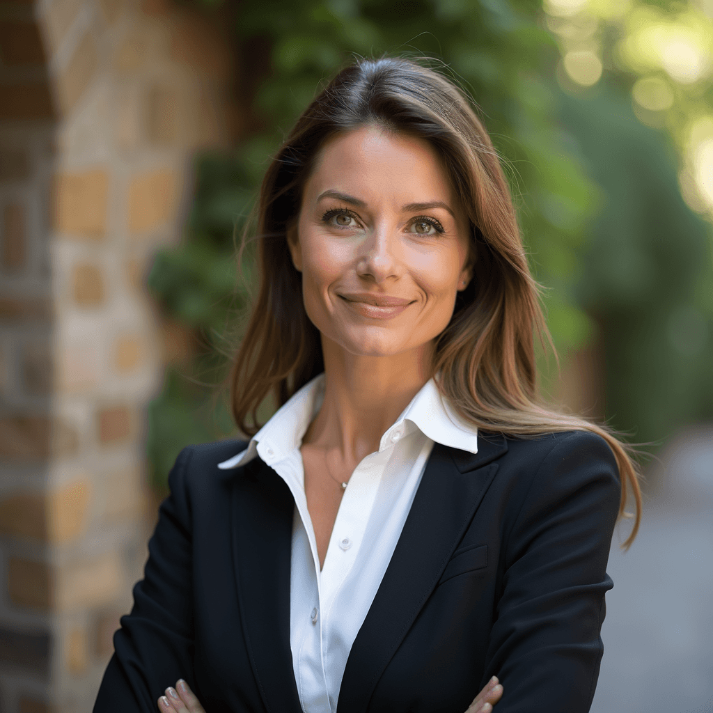 Professional AI headshot with stone barrier with rustic outdoor charm background