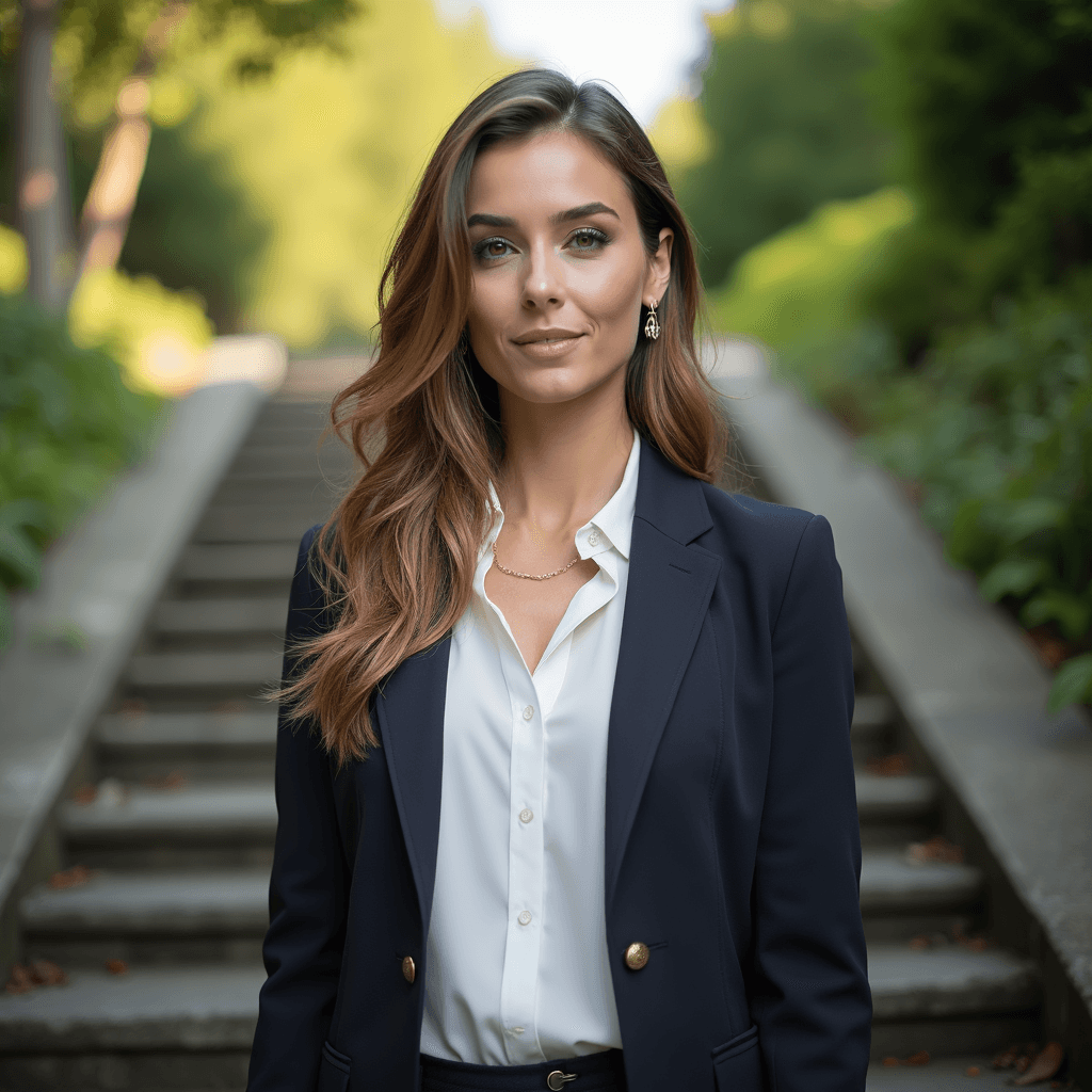 Professional AI headshot with stone steps in natural garden setting background