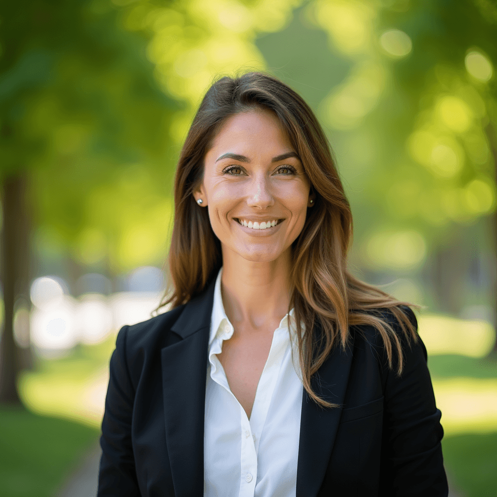 Professional AI headshot with sunlit park with lush greenery softly blurred background