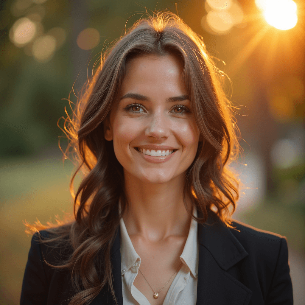 Professional AI headshot with sunset backdrop with warm atmosphere background