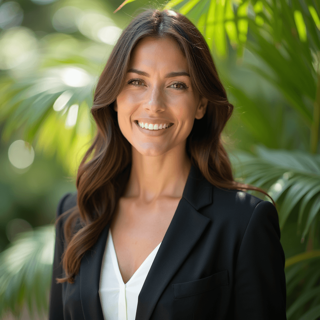 Professional AI headshot with tropical oasis with palm fronds softly blurred background