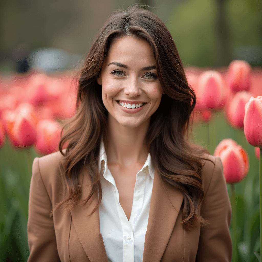 Professional AI headshot with tulip garden with spring flowers in background background