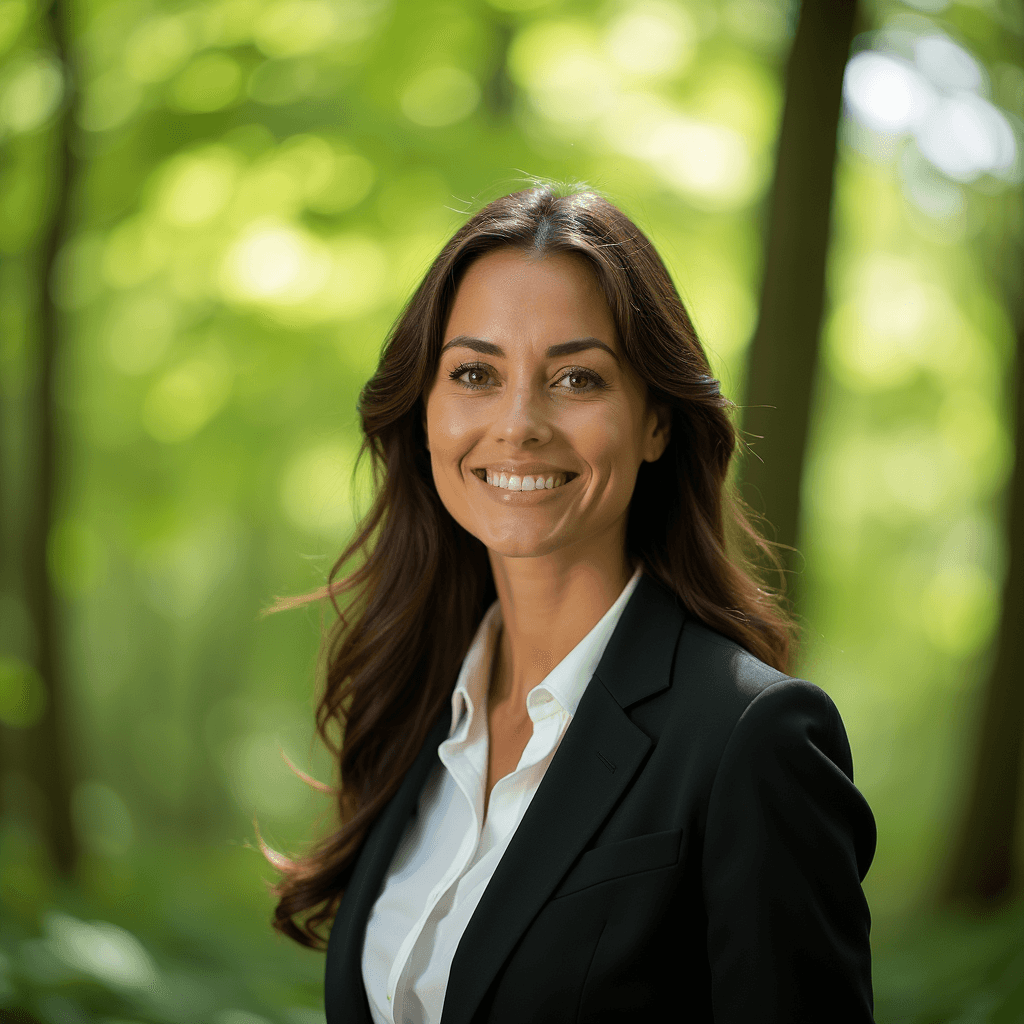 Professional AI headshot with wooded area with vibrant green foliage in soft focus background