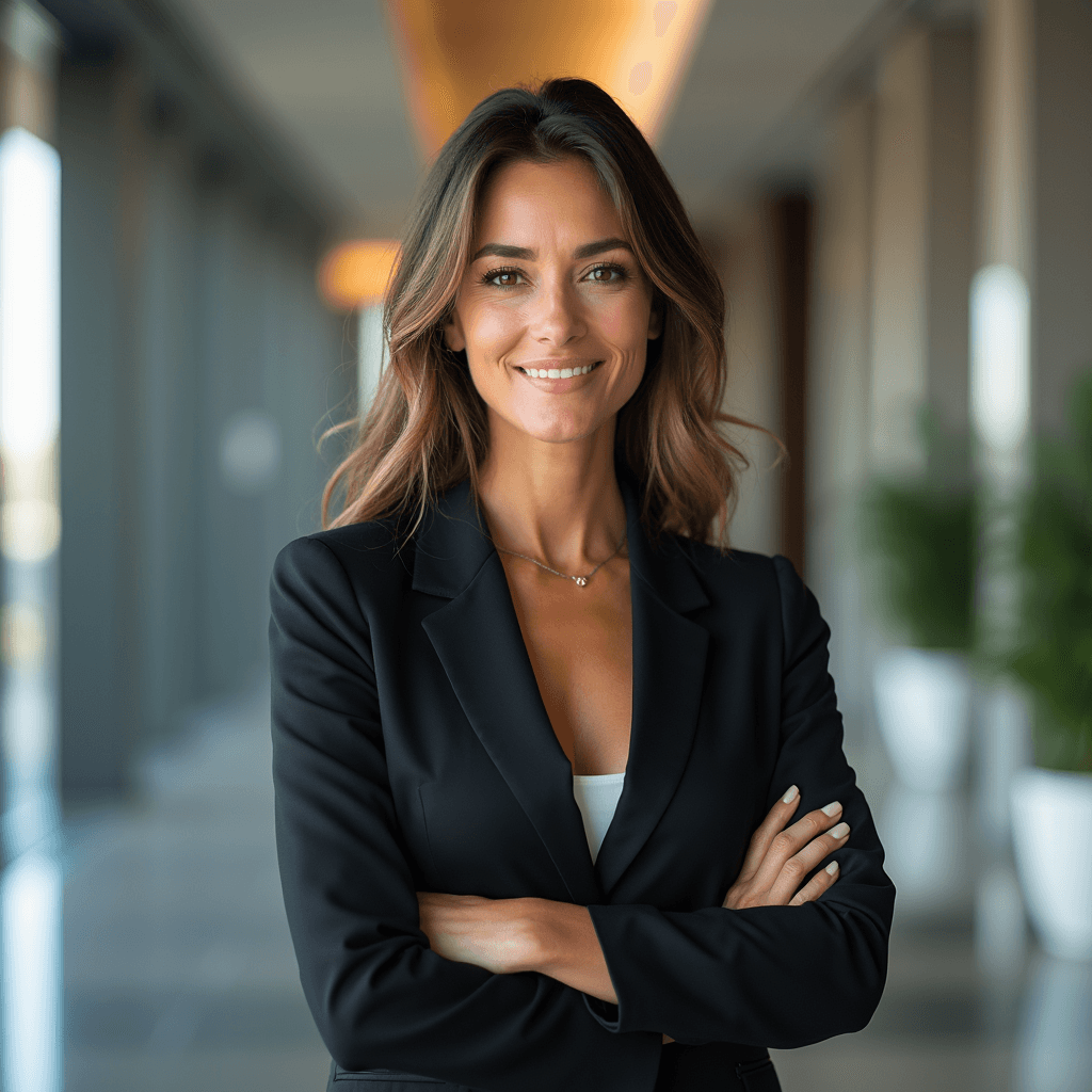 Professional AI headshot with corporate headquarters lobby background