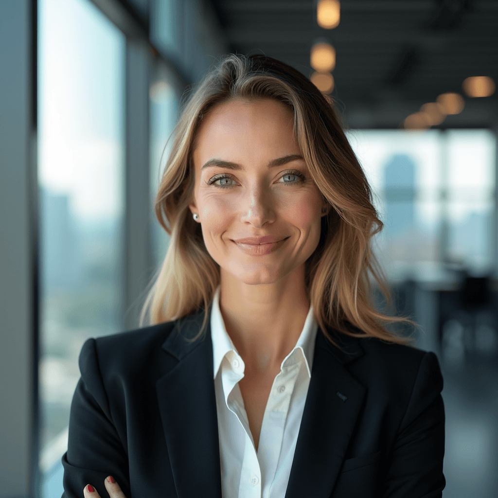 Professional AI headshot with corporate office with large windows and a blurred city skyline background
