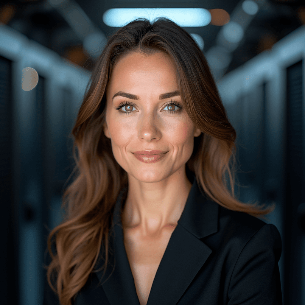 Professional AI headshot with data center with server racks background