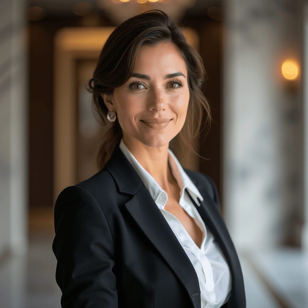 Professional AI headshot with executive office with marble lobby entrance background