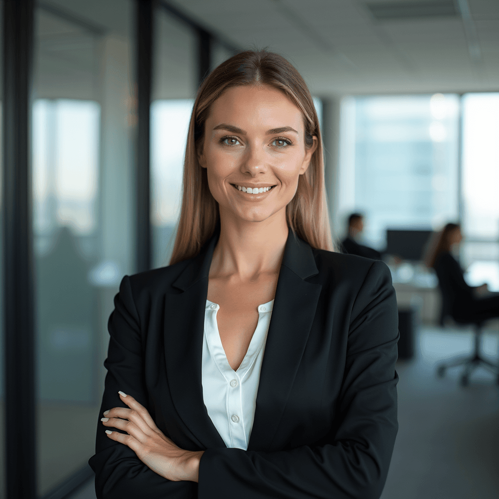 Professional AI headshot with modern office featuring glass windows and desks background