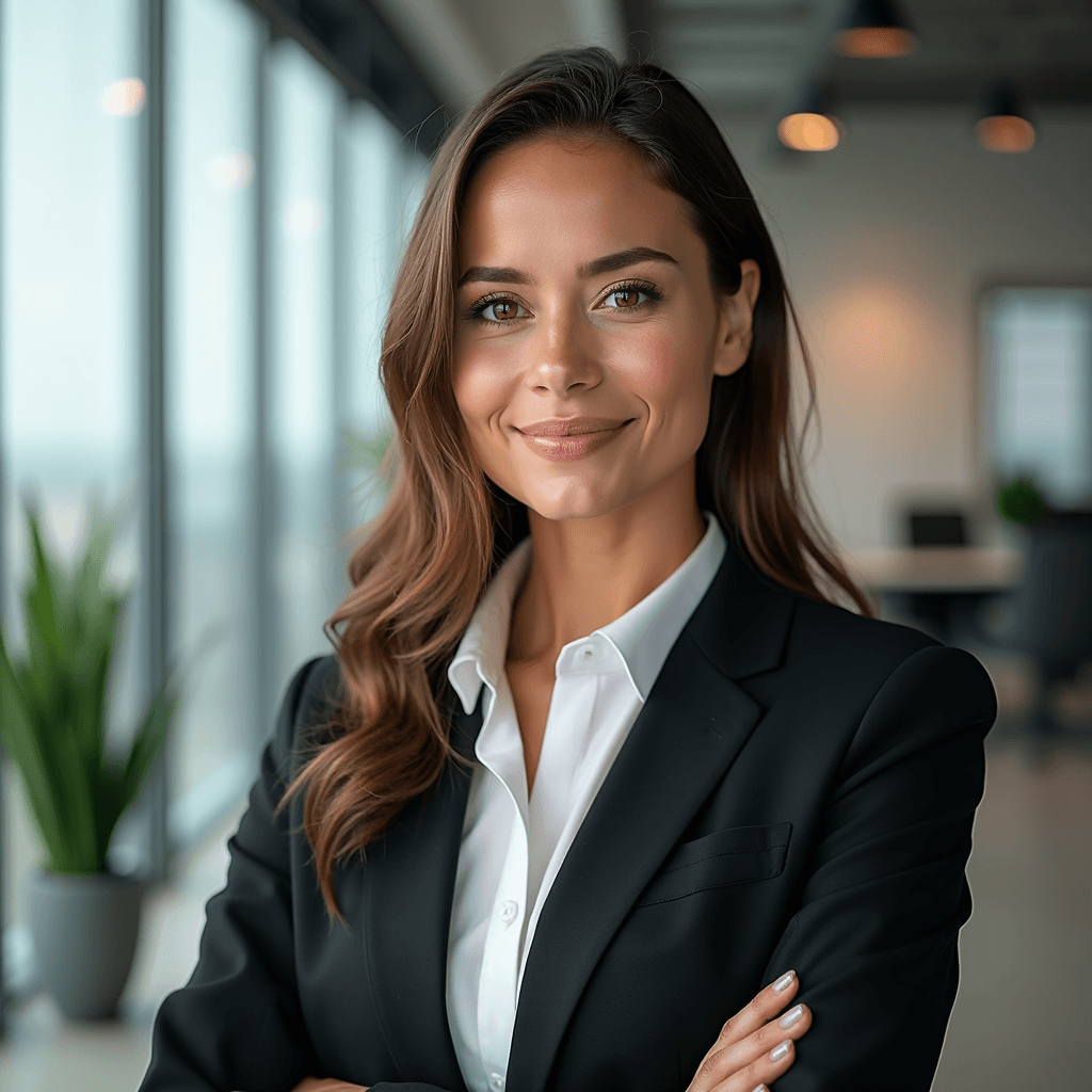 Professional AI headshot with modern office with floor-to-ceiling windows, a blurred desk, and indoor potted plants background