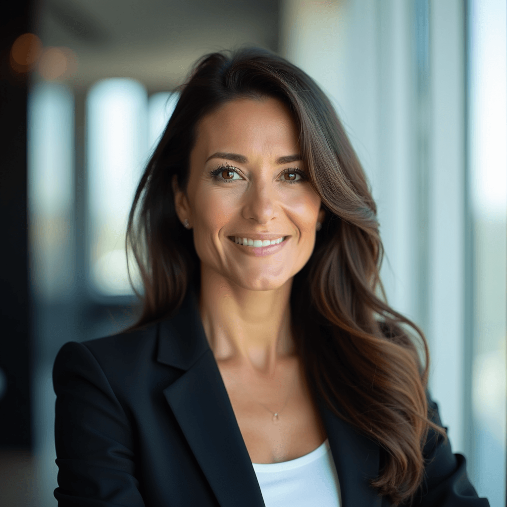 Professional AI headshot with nyc skyline office background
