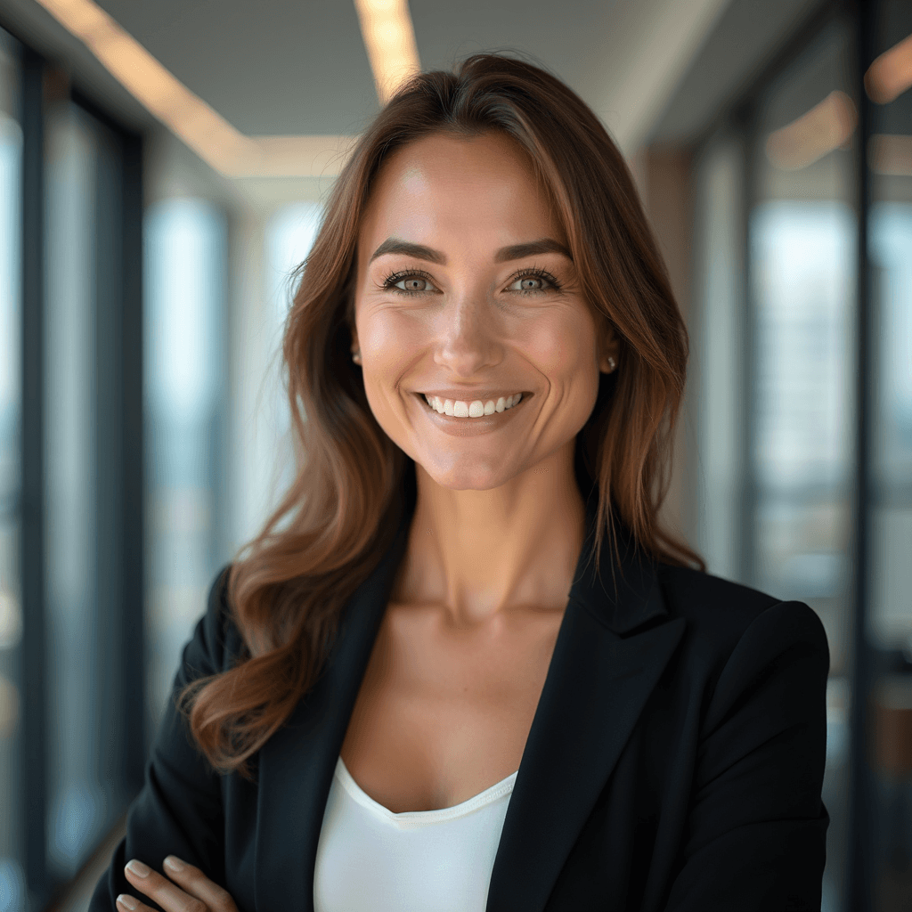 Professional AI headshot with professional conference room with presentation stage background