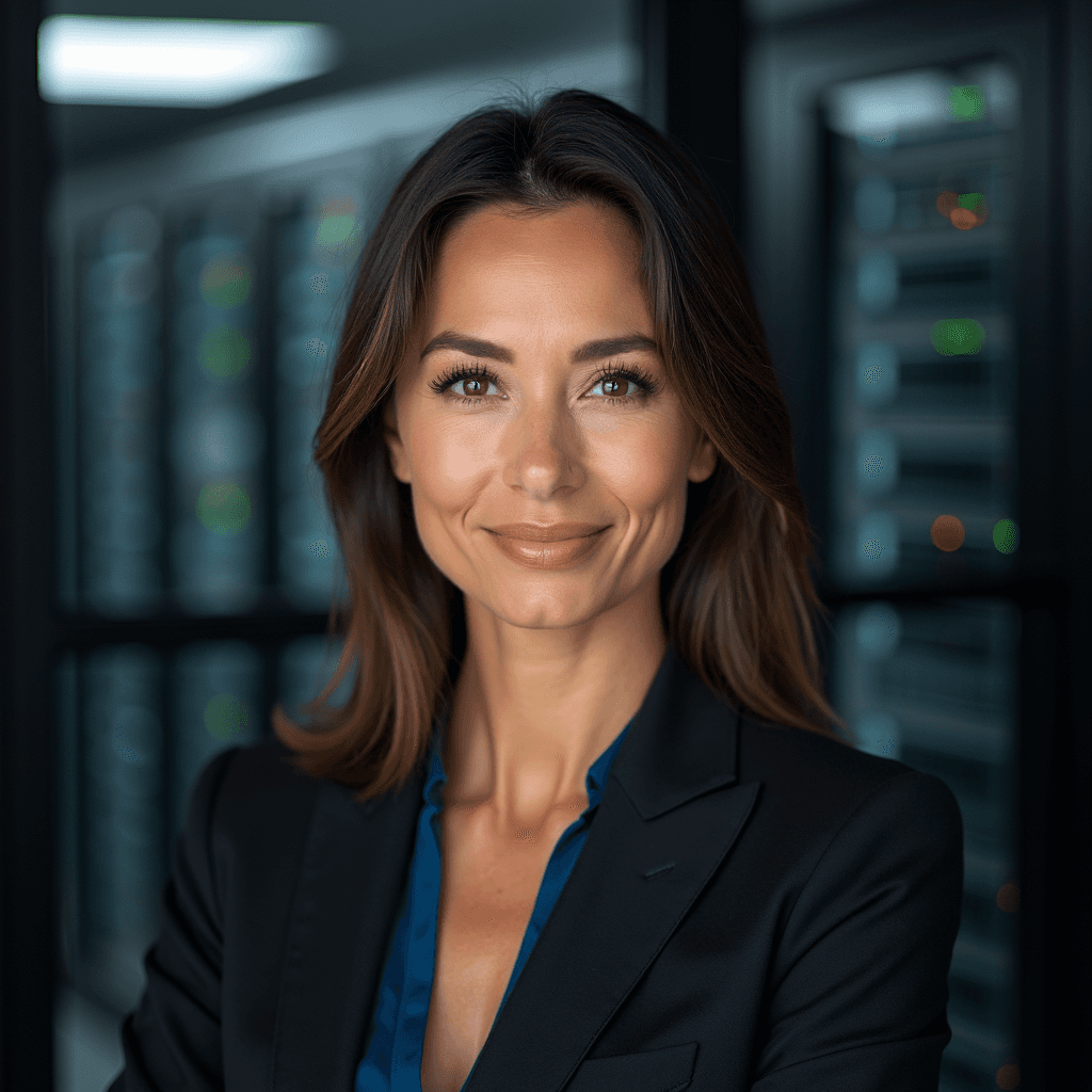 Professional AI headshot with server room with technology equipment background