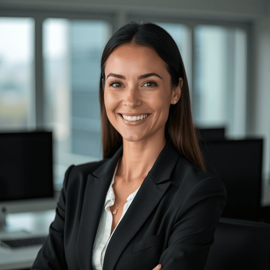 Professional AI headshot with sleek office environment with computer screens background