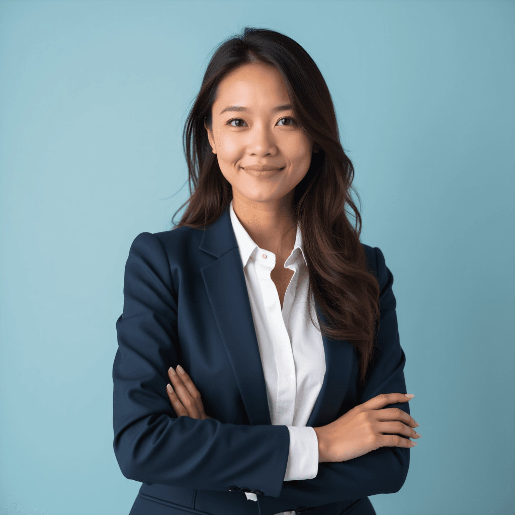 Professional AI headshot with plain solid light blue background