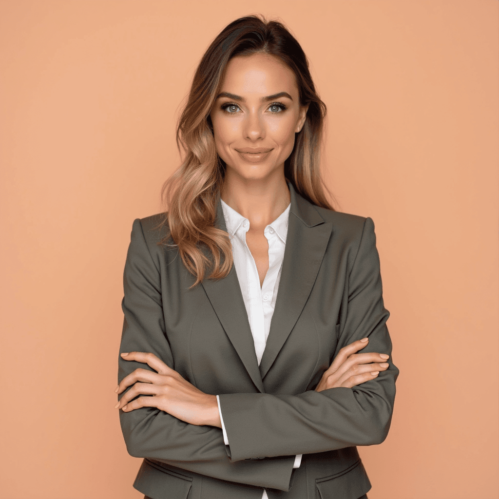 Professional AI headshot with plain solid light peach background