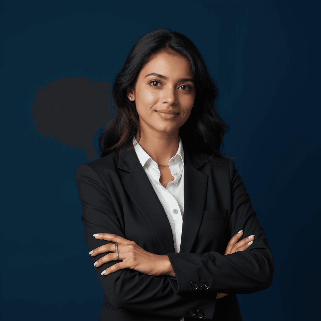 Professional AI headshot with plain solid navy blue background