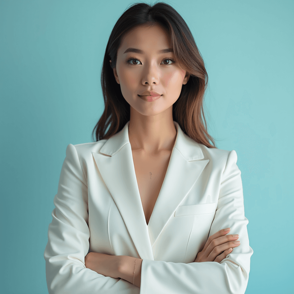 Professional AI headshot with plain solid pastel blue background