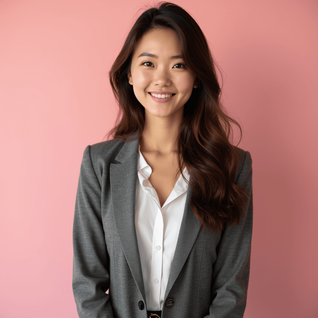 Professional AI headshot with plain solid soft pink background