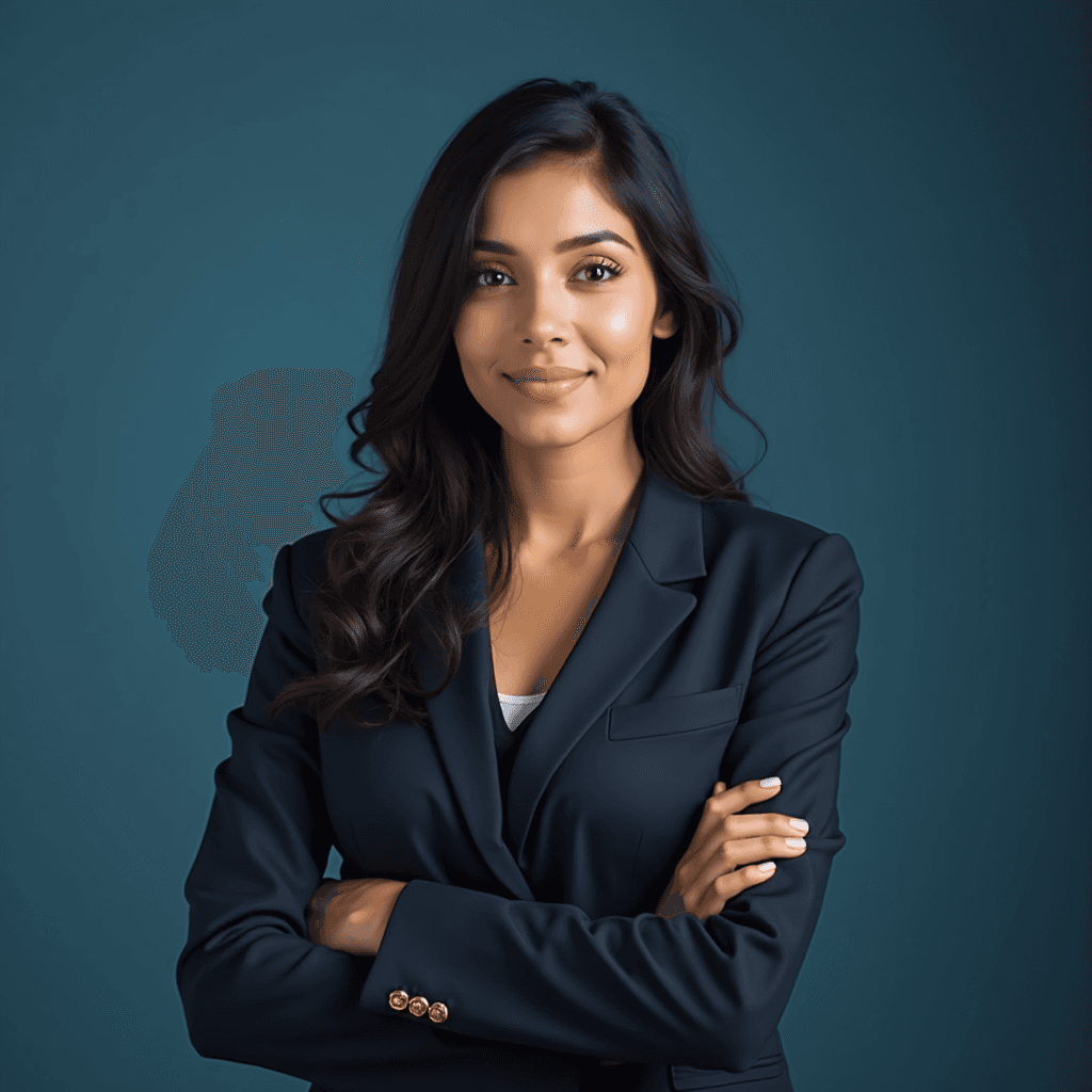 Professional AI headshot with plain solid steel blue background