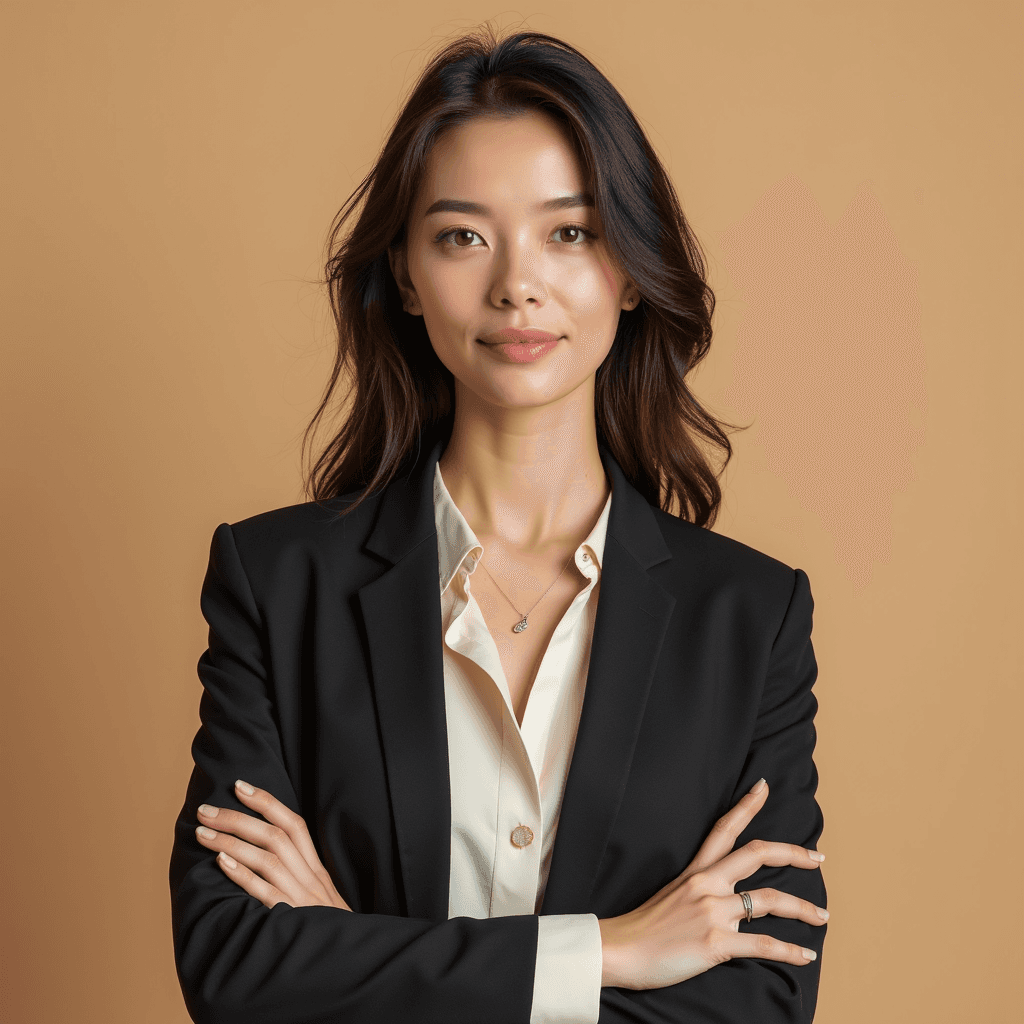 Professional AI headshot with plain solid warm beige background