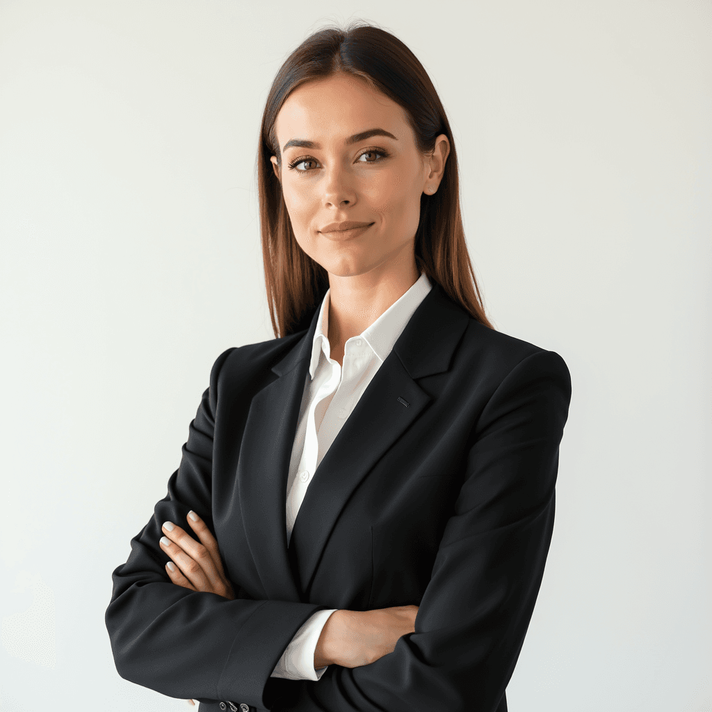 Professional AI headshot with plain solid warm white background