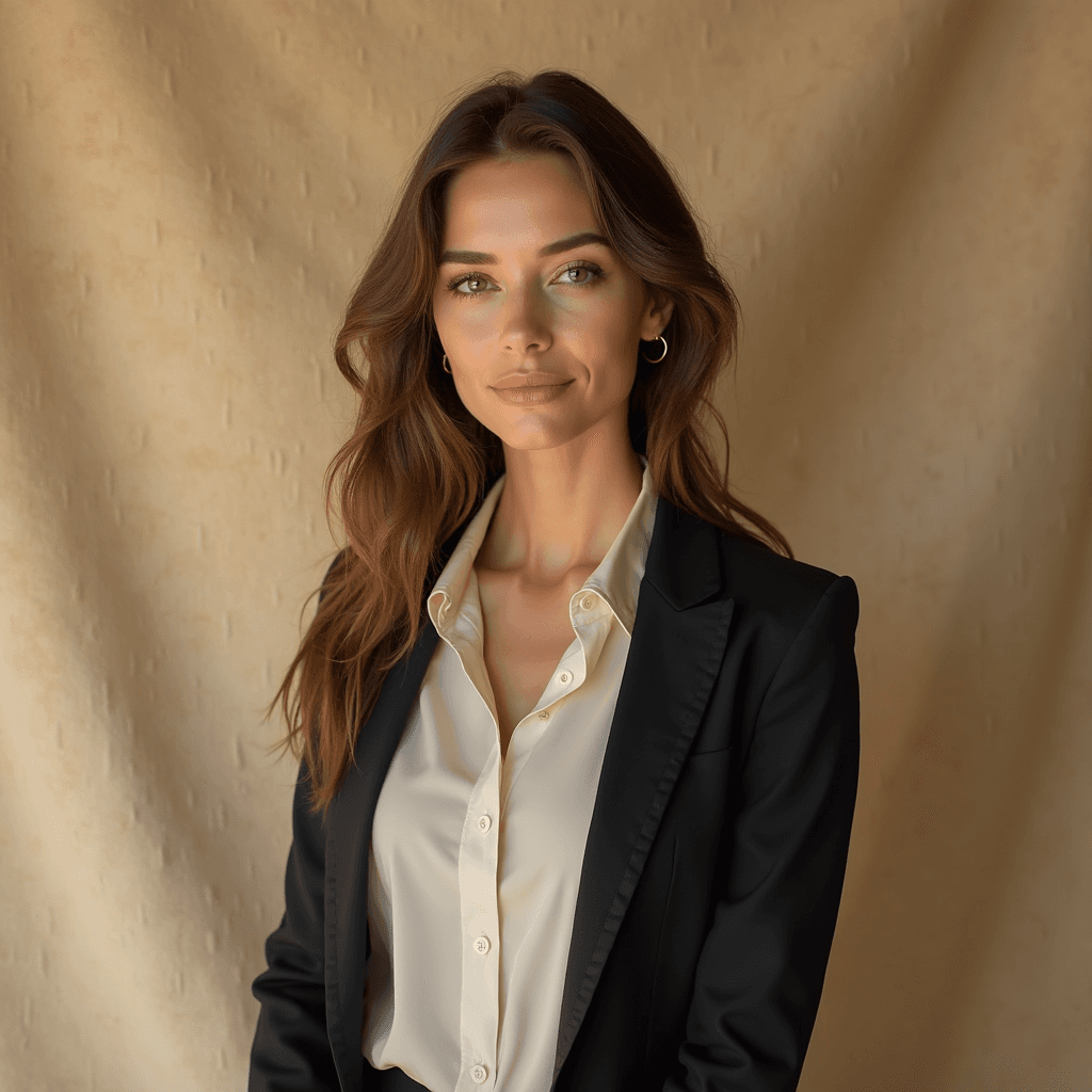 Professional AI headshot with textured warm beige canvas background