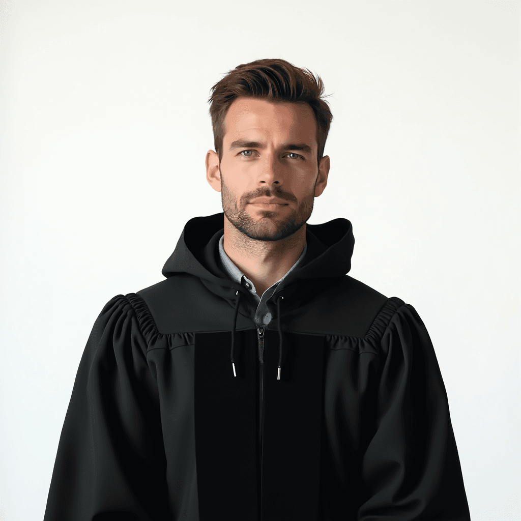 Male professional AI headshot wearing black academic gown with hood