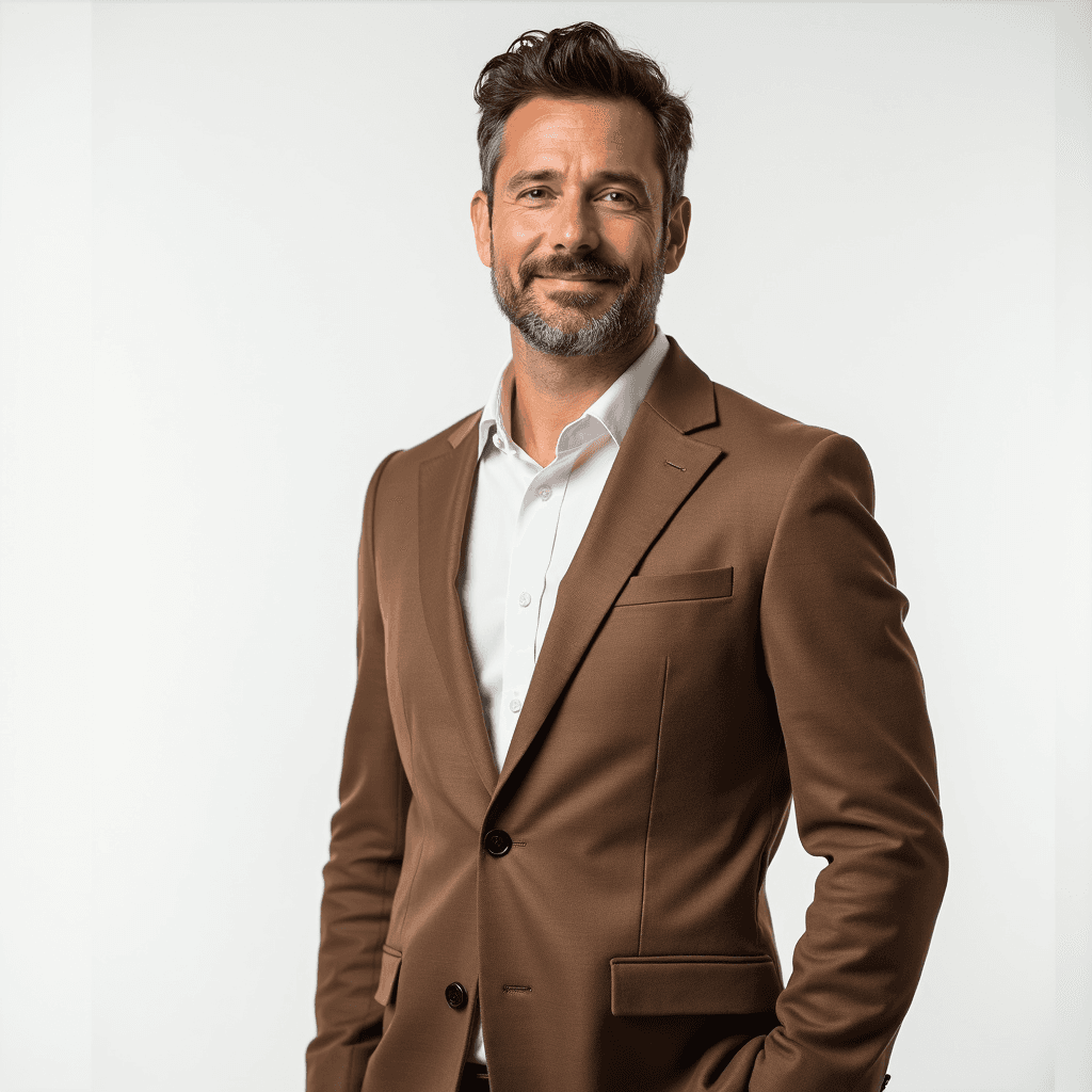 Male professional AI headshot wearing brown sport coat over white dress shirt