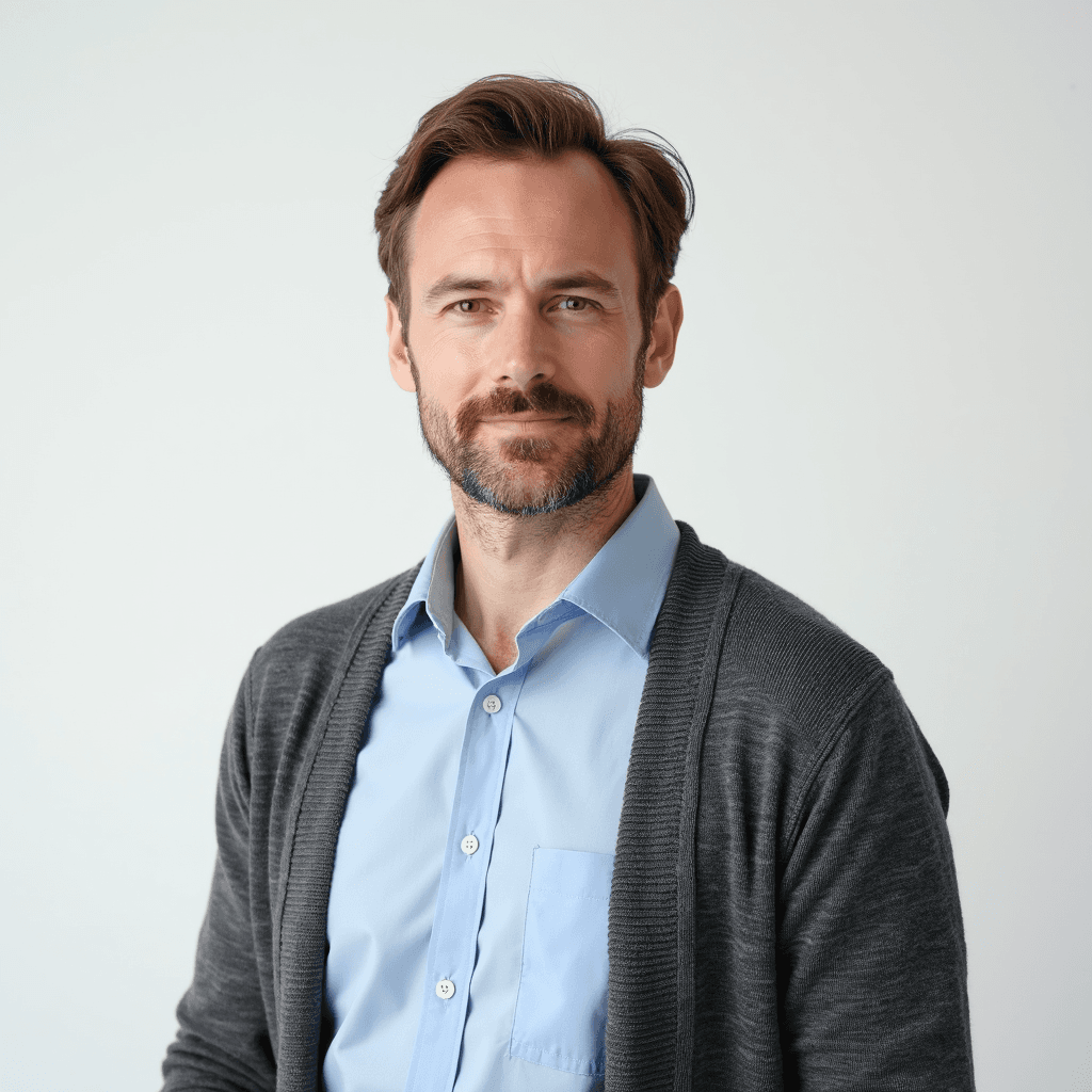 Male professional AI headshot wearing light blue dress shirt with gray cardigan