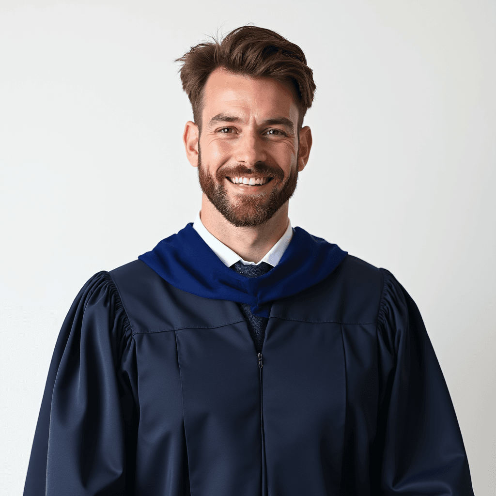 Male professional AI headshot wearing navy academic gown with stole