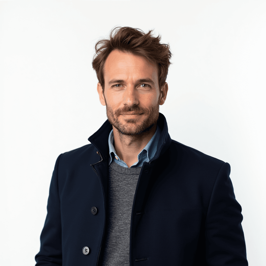 Male professional AI headshot wearing navy sport coat over gray sweater