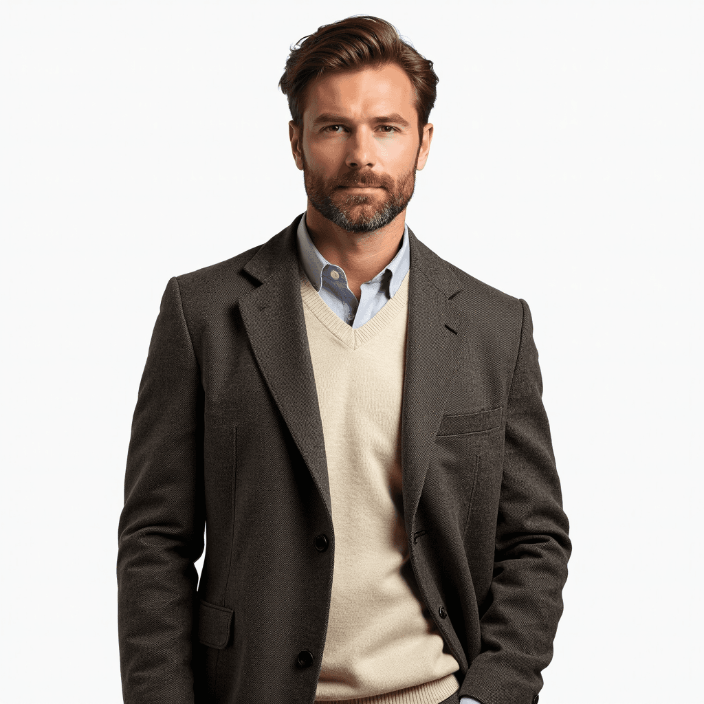 Male professional AI headshot wearing tweed sport coat over cream sweater