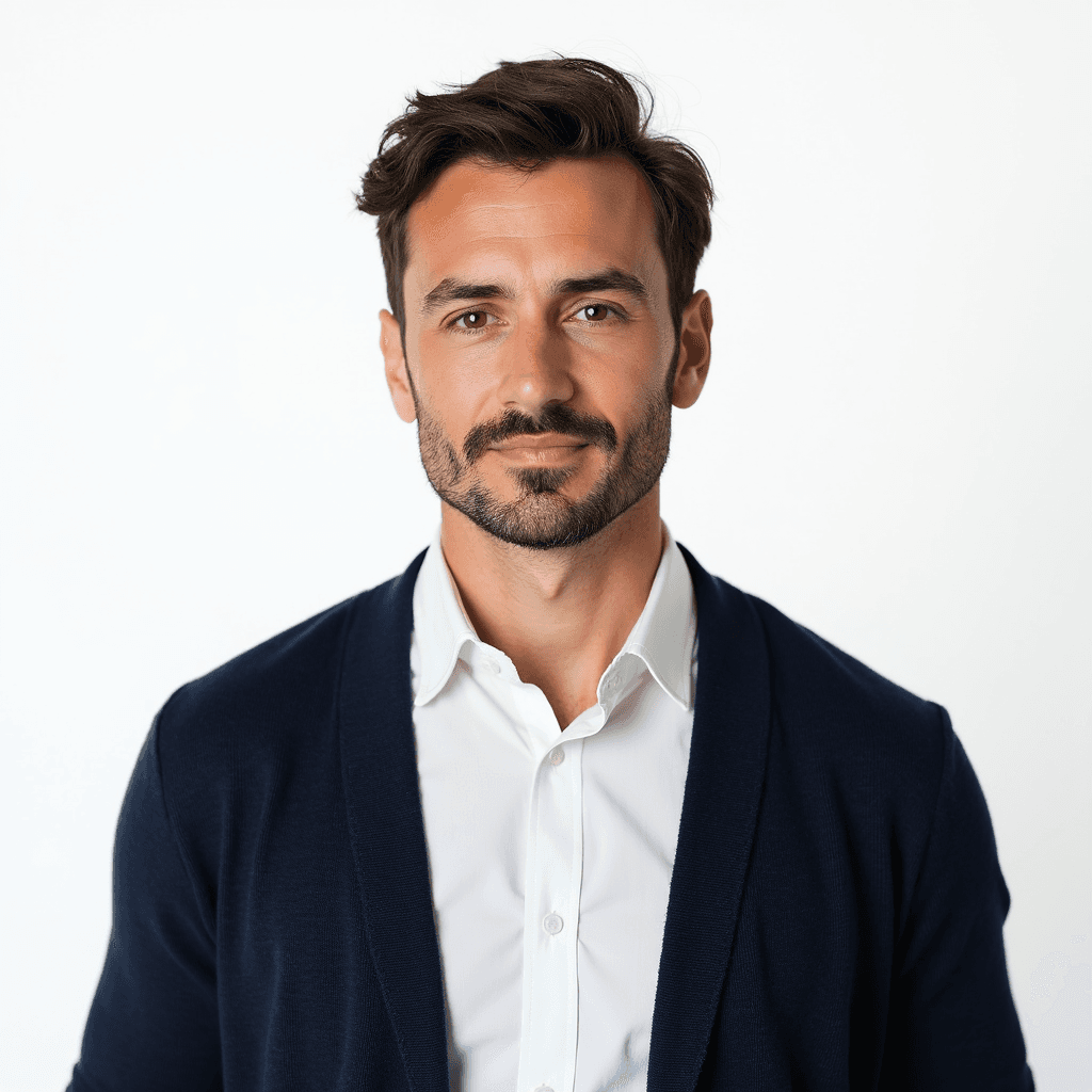 Male professional AI headshot wearing white dress shirt with navy cardigan