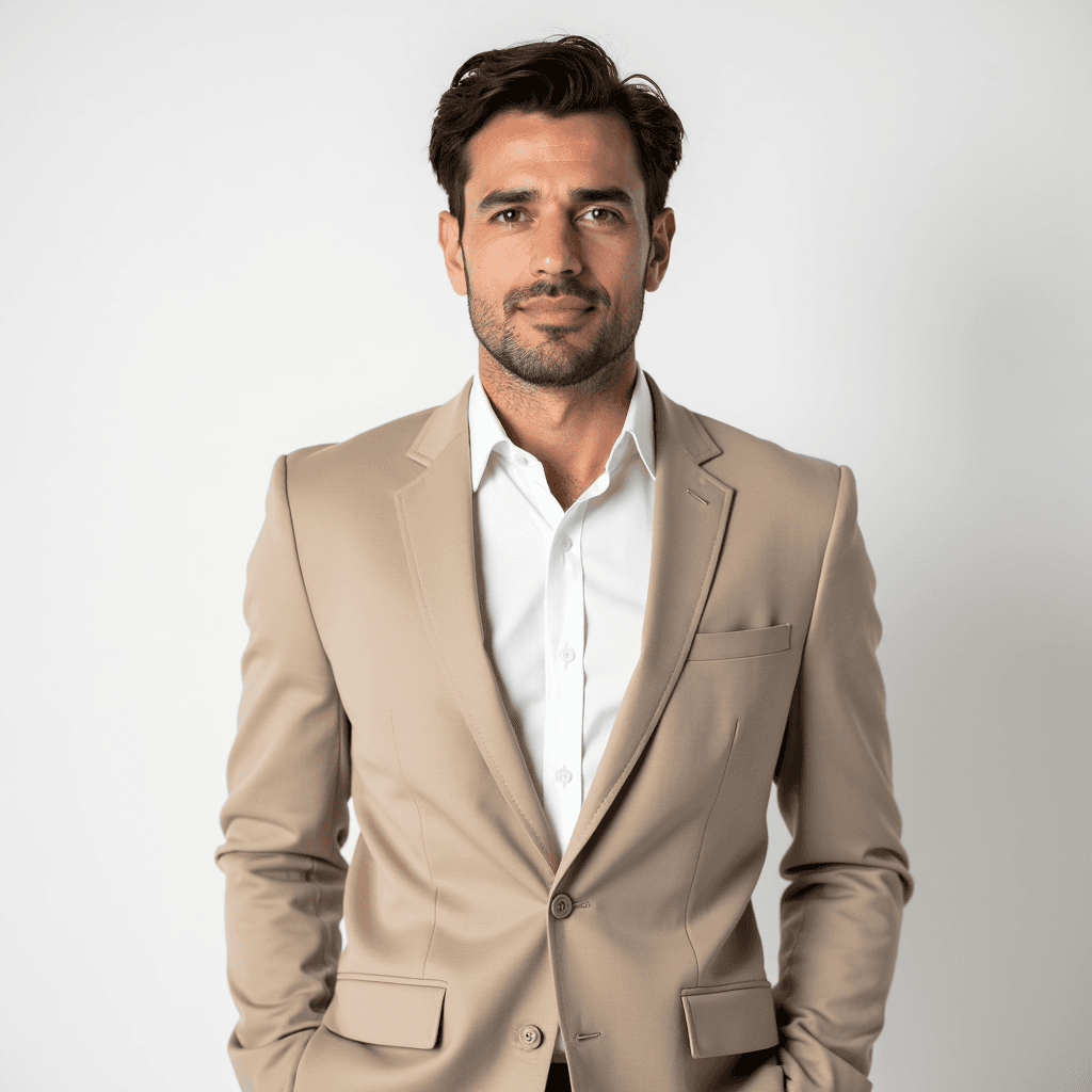 Male professional AI headshot wearing beige tailored blazer over white dress shirt