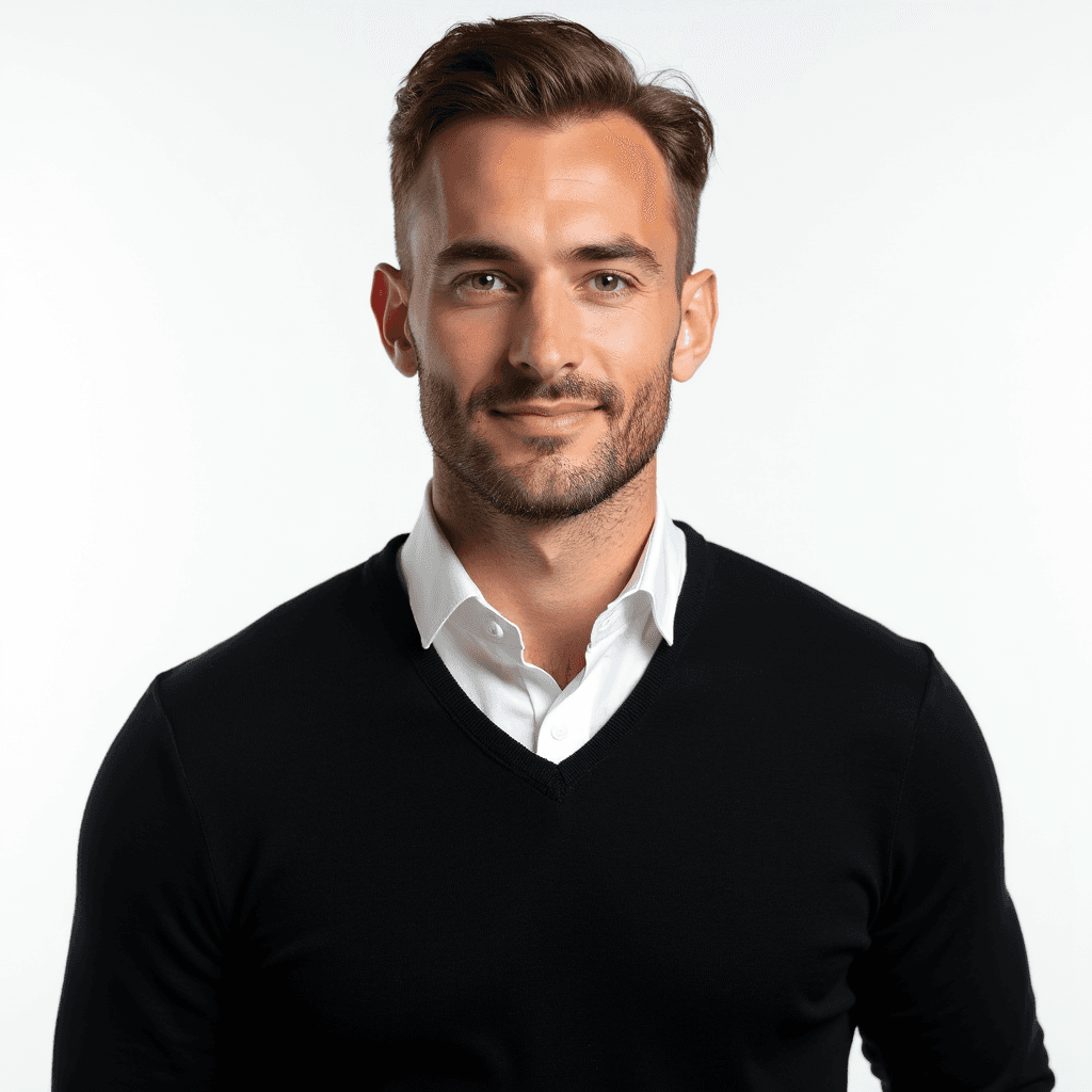 Male professional AI headshot wearing black v-neck sweater with white dress shirt