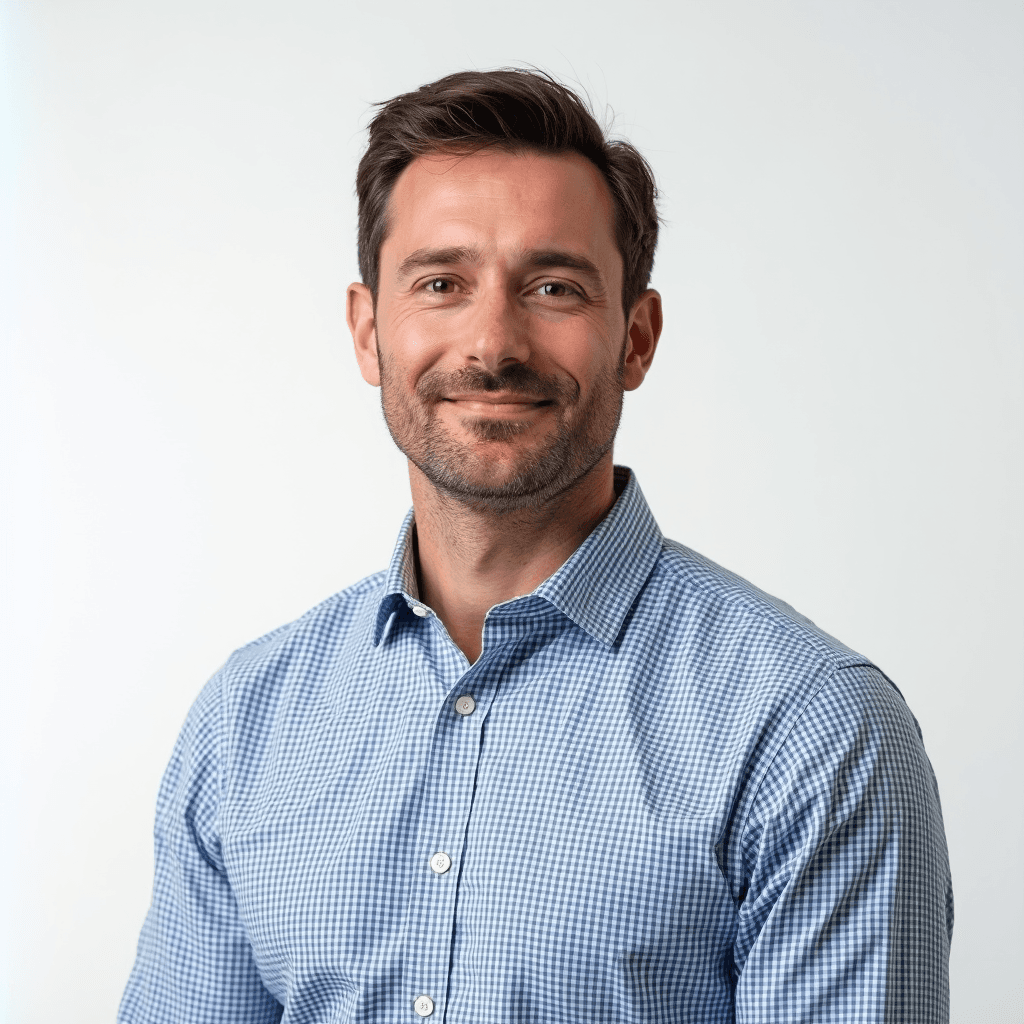 Male professional AI headshot wearing blue and white checked dress shirt