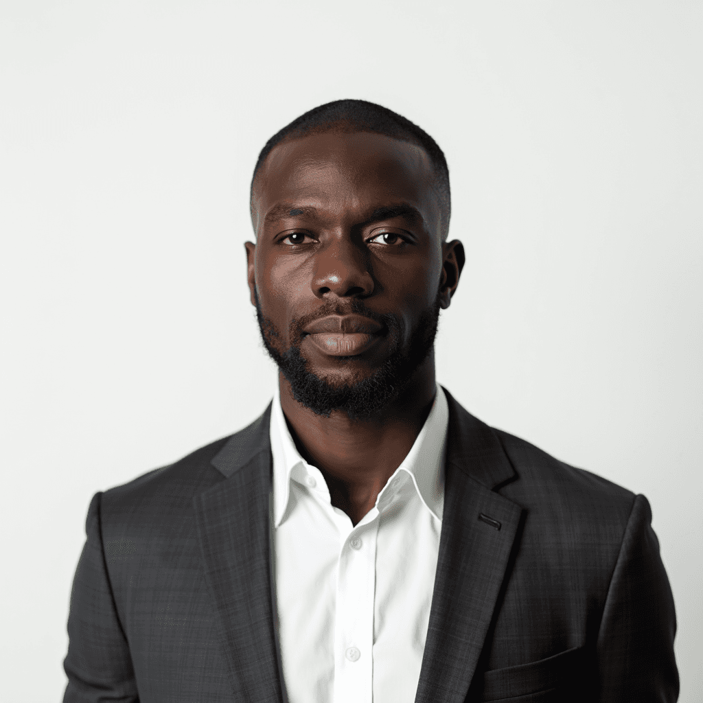 Male professional AI headshot wearing charcoal blazer over white dress shirt