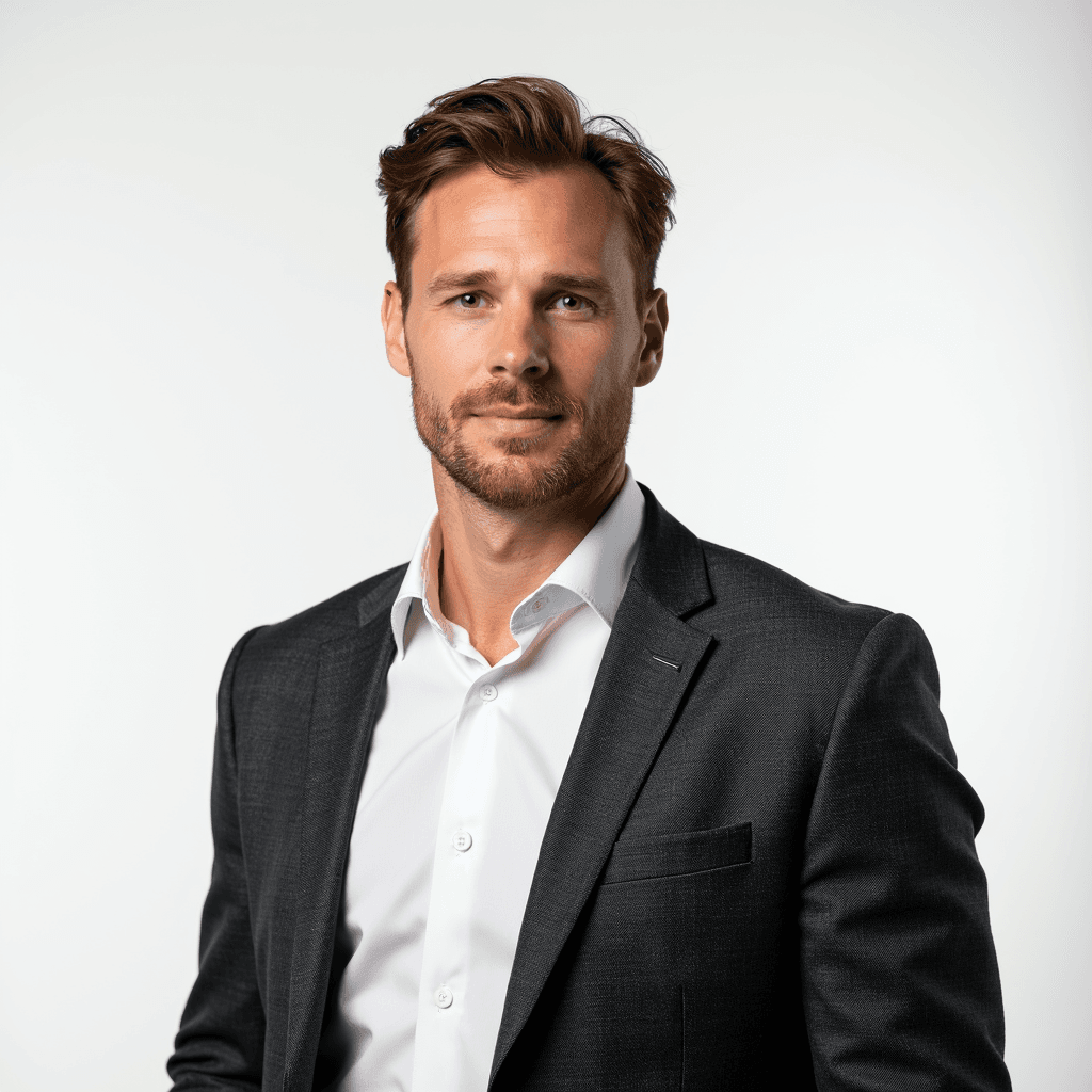 Male professional AI headshot wearing dark gray patterned blazer over white dress shirt