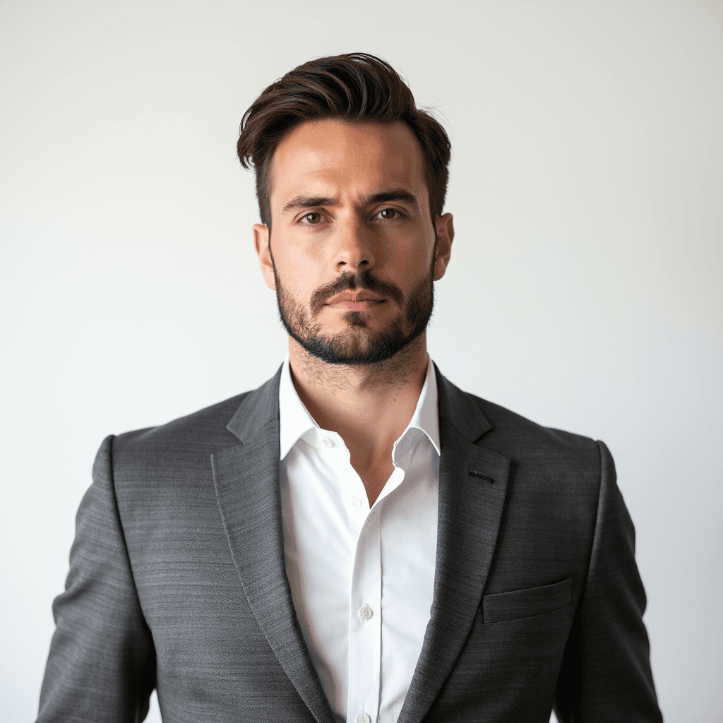 Male professional AI headshot wearing gray double-breasted blazer over white dress shirt