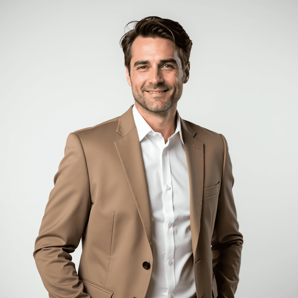 Male professional AI headshot wearing khaki blazer with white dress shirt