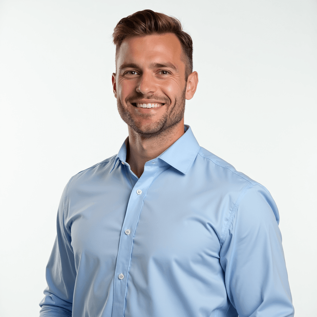 Male professional AI headshot wearing light blue button-up dress shirt