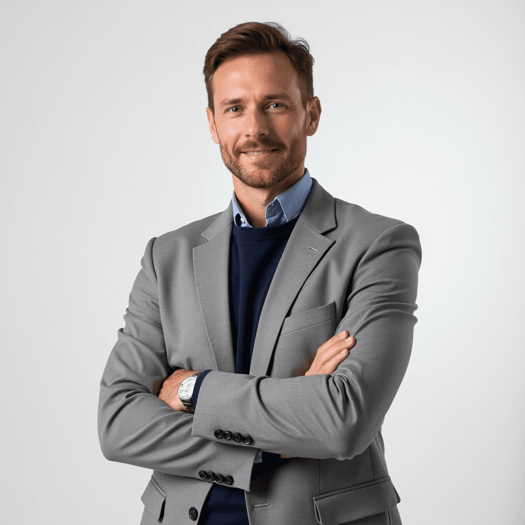 Male professional AI headshot wearing light gray blazer over navy sweater