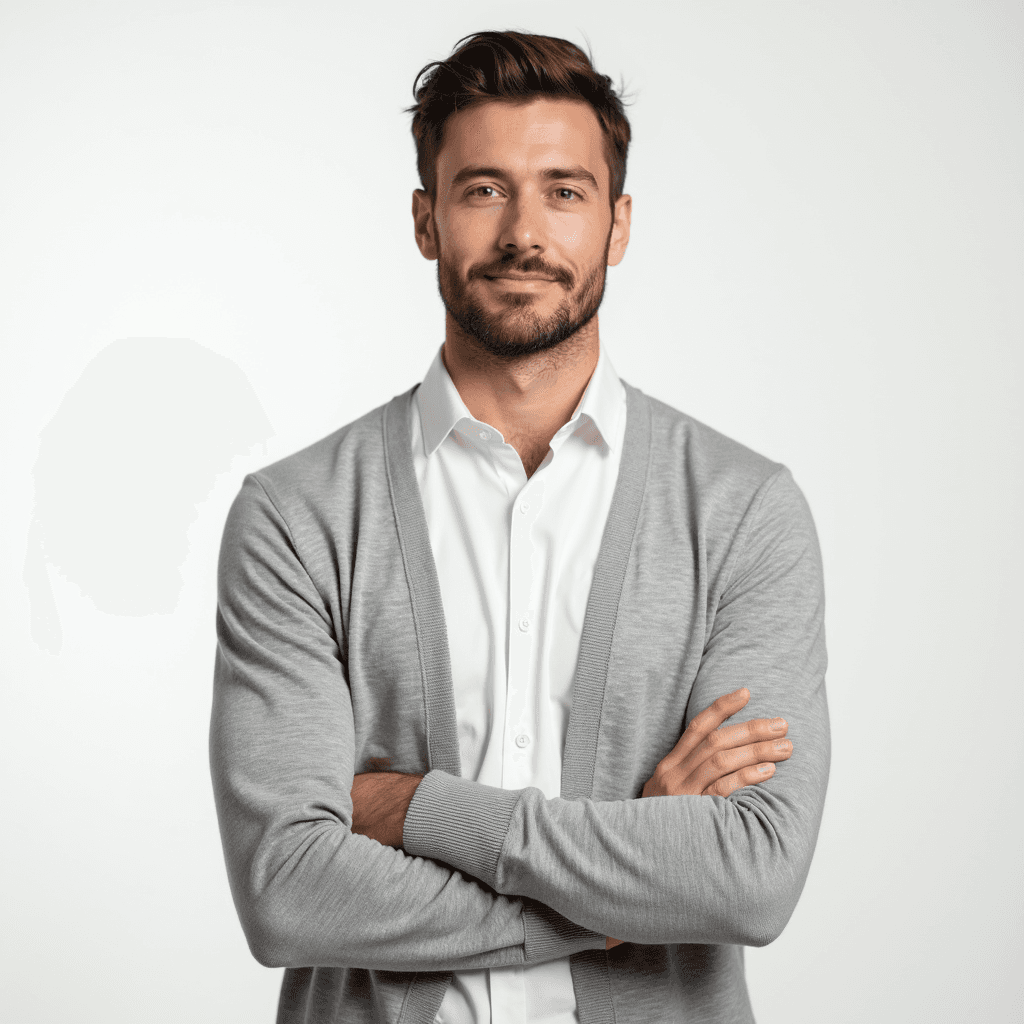 Male professional AI headshot wearing light gray cardigan over white dress shirt