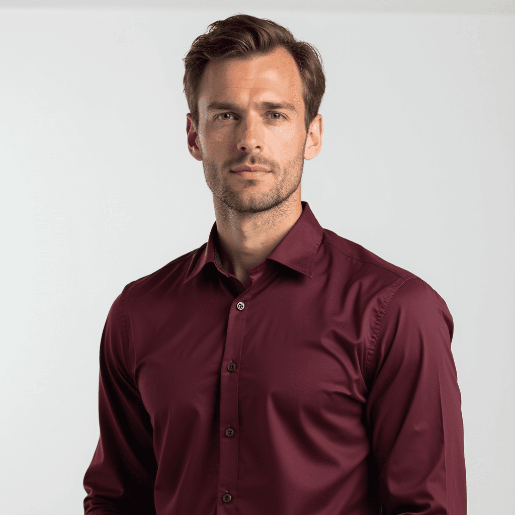 Male professional AI headshot wearing maroon button-down dress shirt