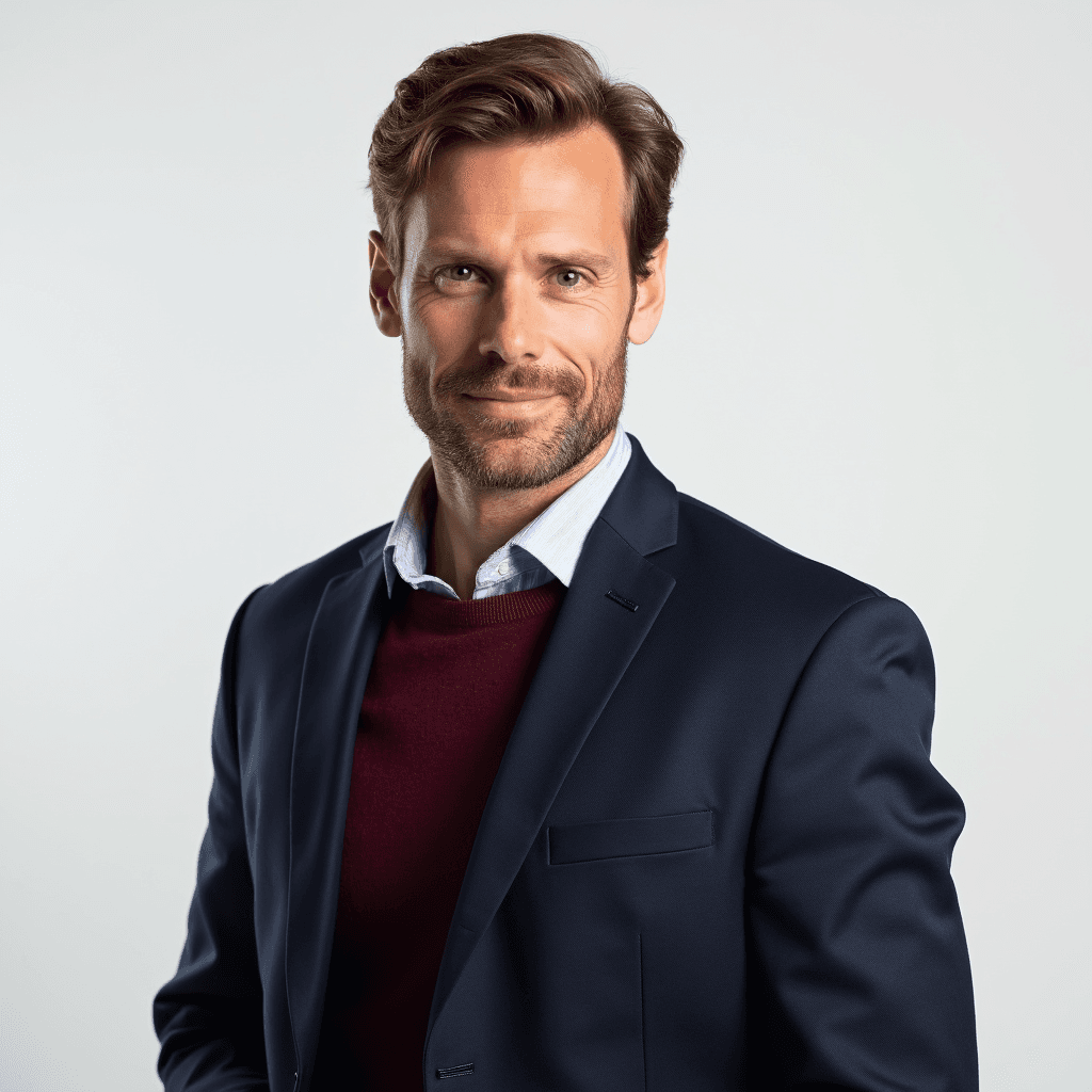 Male professional AI headshot wearing navy blazer over burgundy sweater
