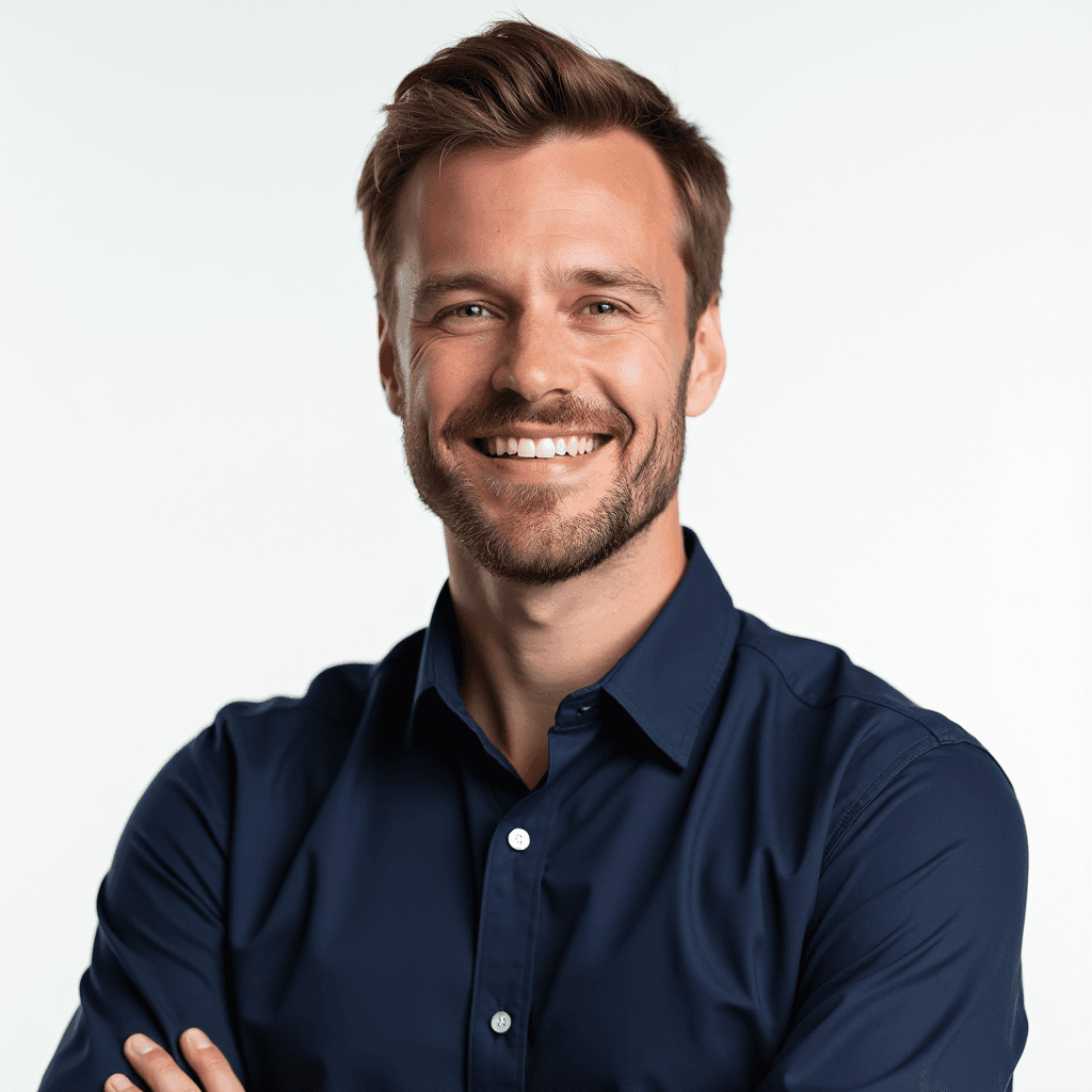 Male professional AI headshot wearing navy button-down dress shirt