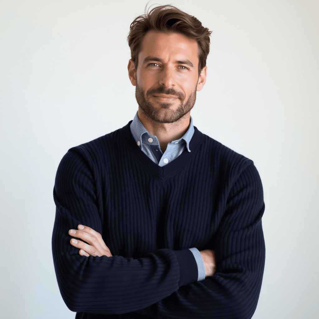 Male professional AI headshot wearing navy ribbed sweater with chambray dress shirt