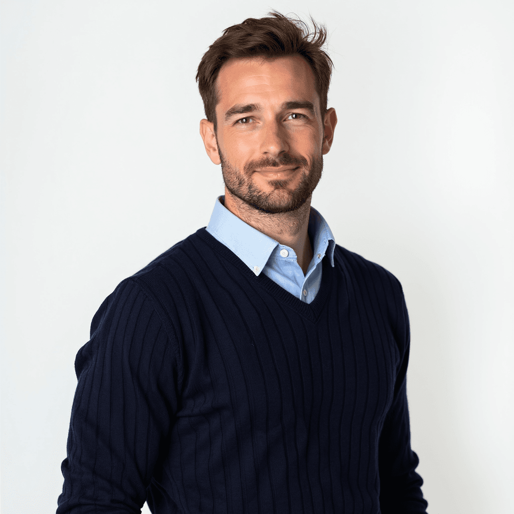 Male professional AI headshot wearing ribbed navy sweater over light blue dress shirt